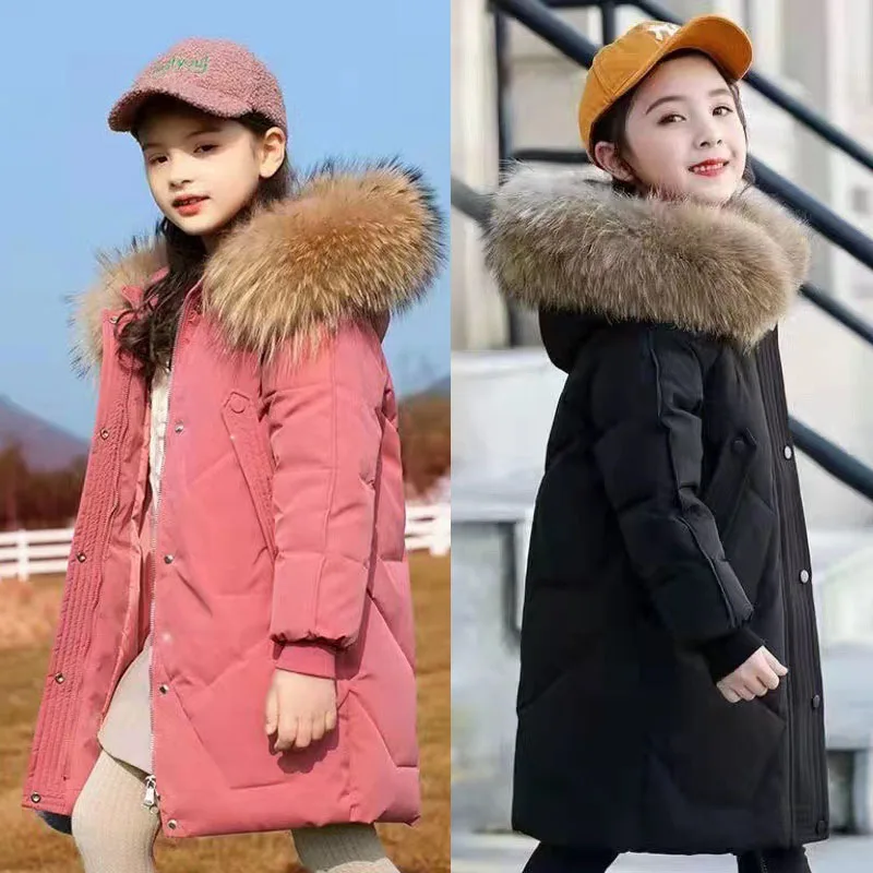 Winter Warm Girls Jacket Big Fur Collar Long Thick Hooded Outerwear For Kids Children Outdoor Keep Out The Cold Trench Coa