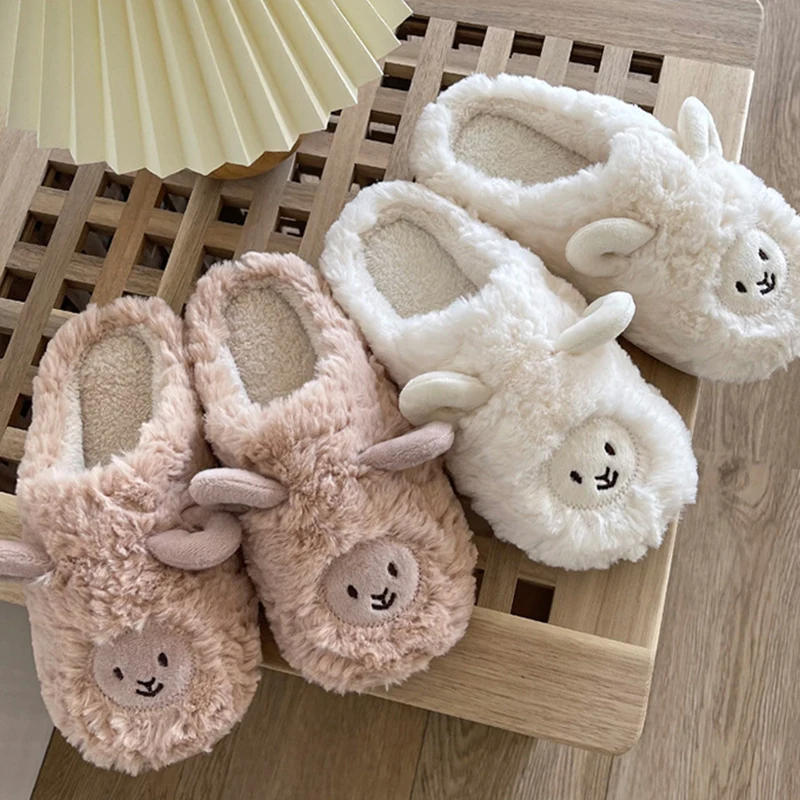 Women Home Fluffy Slippers Platform Anti Slip Comfortable Warm Shoes Cute Sheep Outdoor Couple Slippers Women Men Ladies Shoes