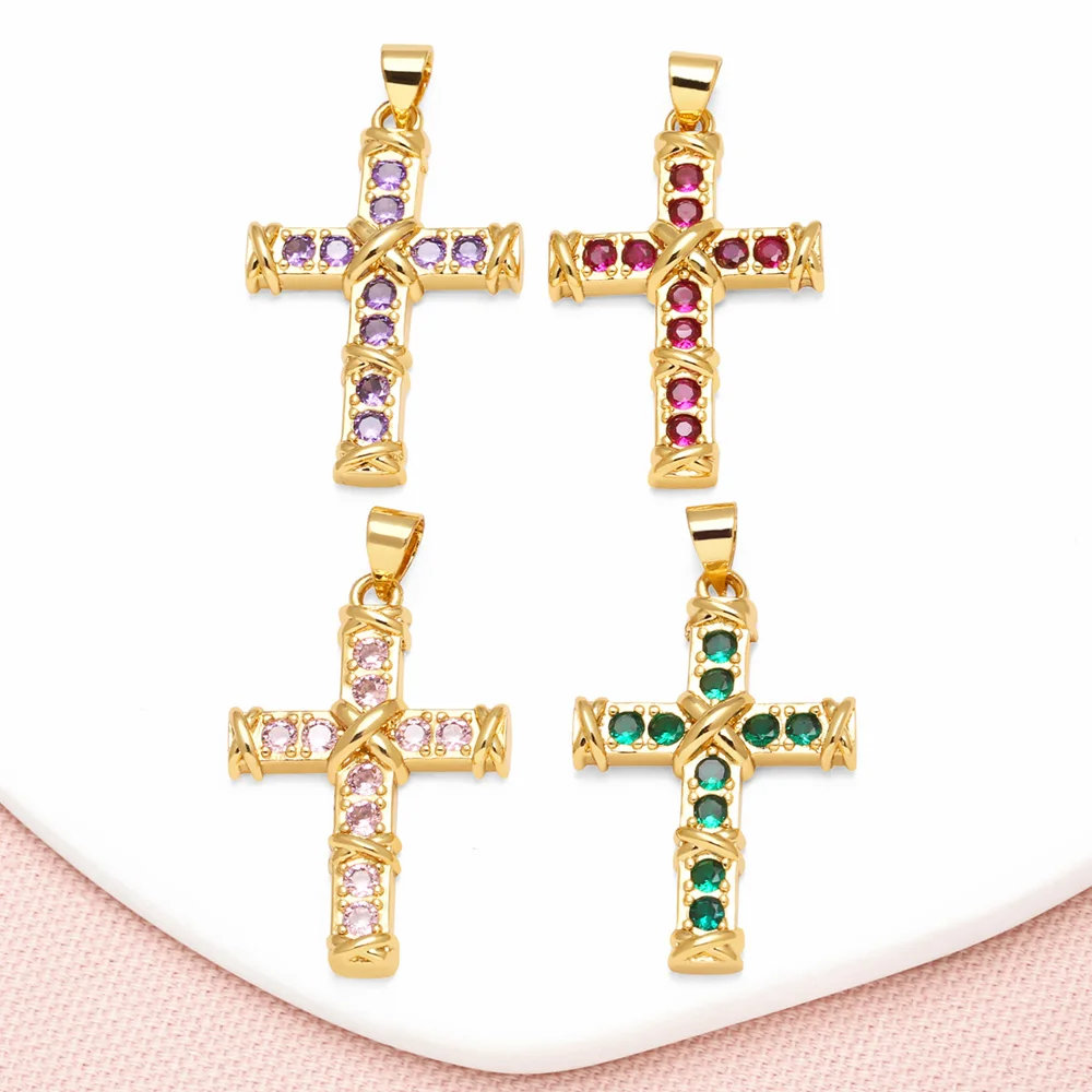 OCESRIO Multicolor Crystal Cross Pendant for Necklaces Copper Gold Plated Crucifix Crossover Jewelry Making Component pdtb694