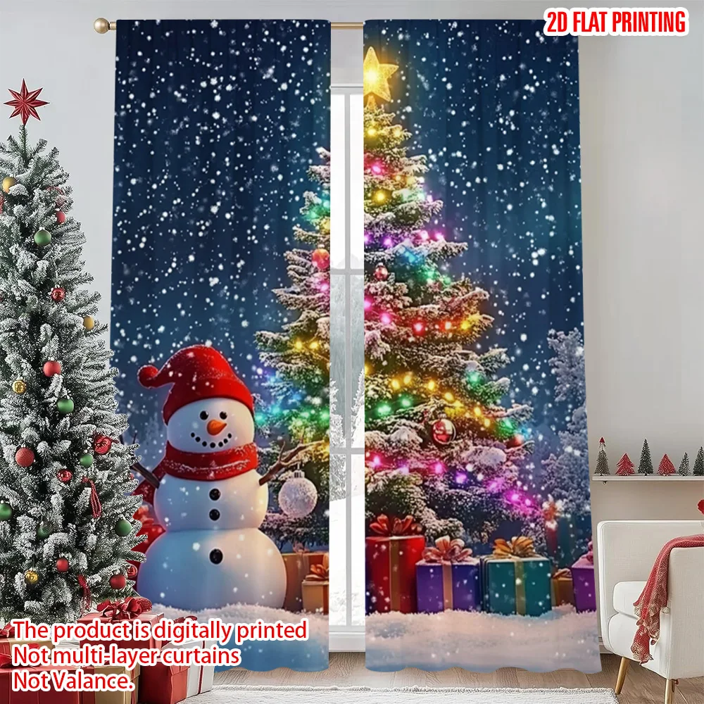 

2pcs 2D flat printing Christmas Curtain Colorful Christmas trees and snowmen in the snow Durable 100% Polyester Fabric Without