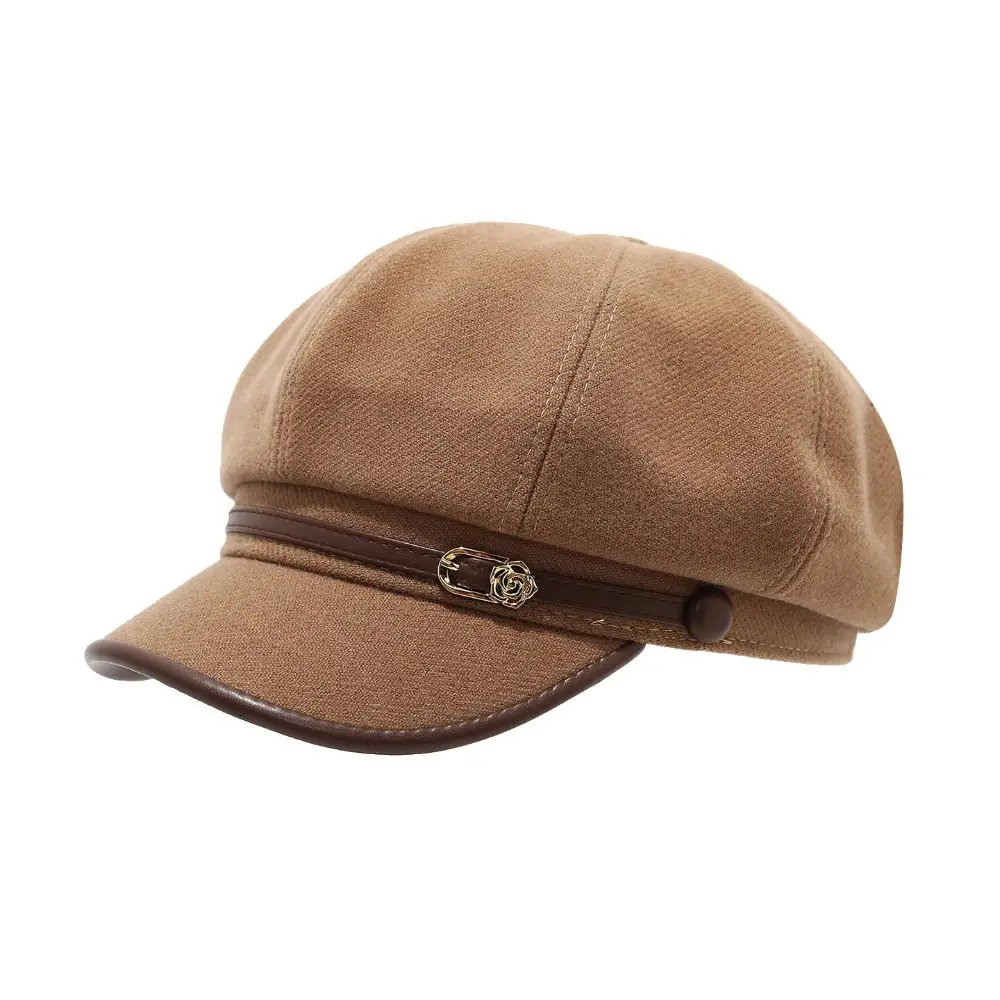 Fashion British Style Pu Leather Beret Belt Buckle Brown Suede Octagonal Hat Korean Style Retro Artist Hat Winter