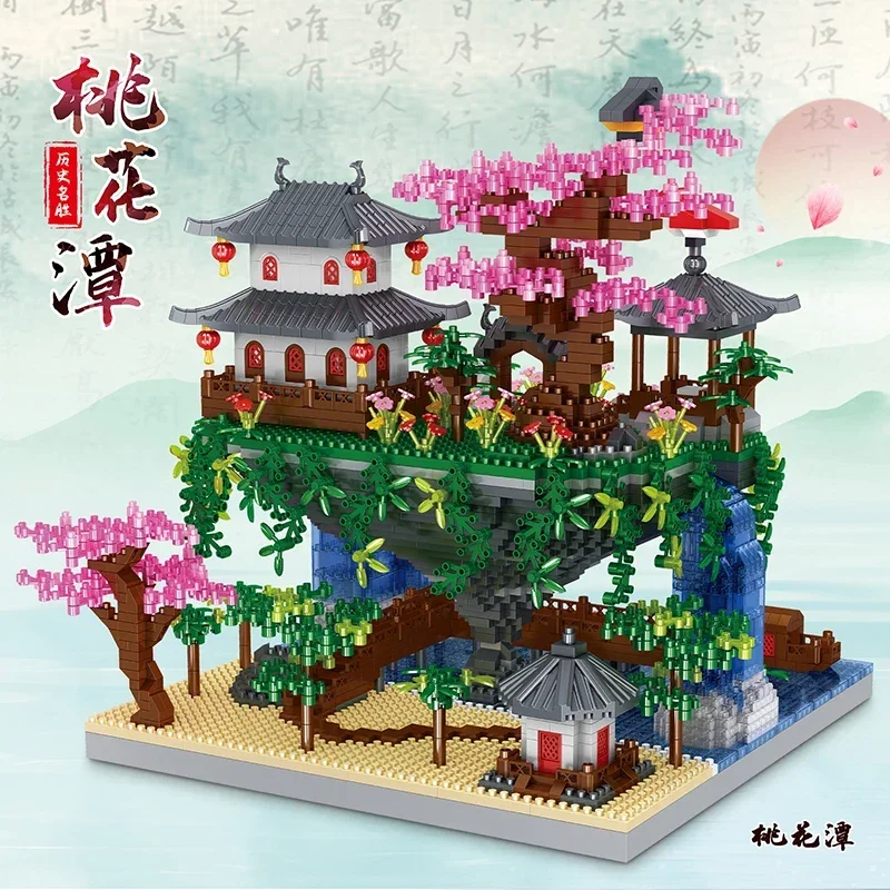 Casa sull'albero Mattoni diamantati Sakura Building Blocks Giardino cinese Architettura Cascata Fai da te Assemblare Giocattoli Regalo per adulti 3320 pezzi