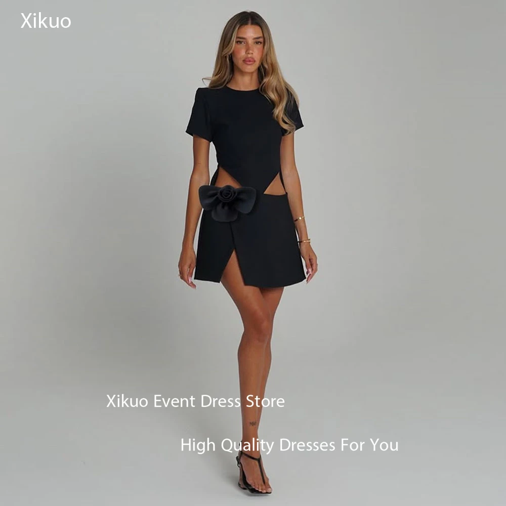 

Xikuo Slit Satin Black Prom Gowns 3D Flower Above Knee Vestidos De Gala De Noche A Line Cut Out Homecoming Dress Customized
