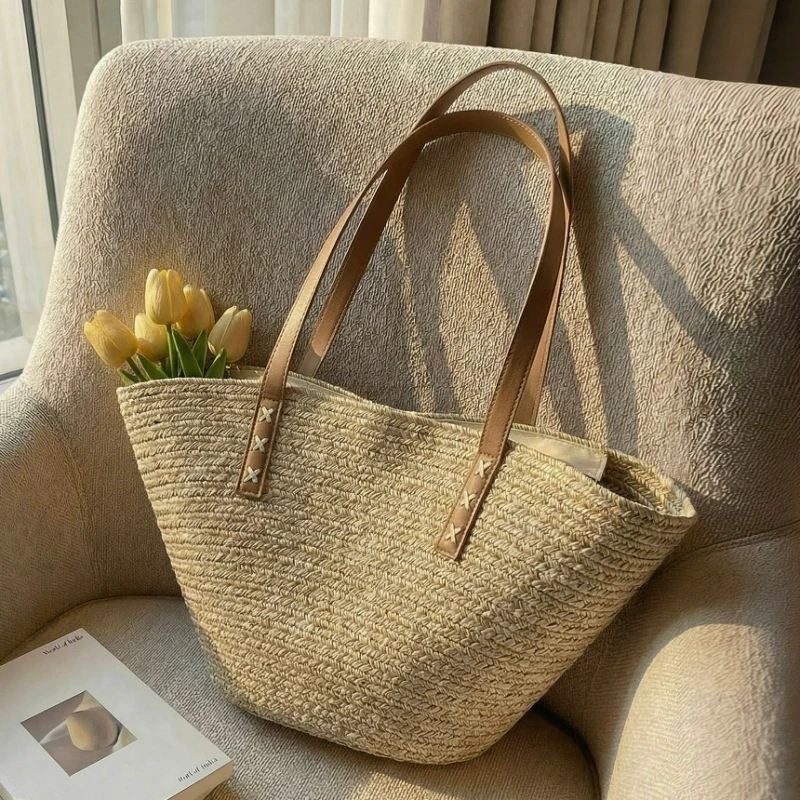 

Новая летняя модная женская сумка с верхней ручкой, большая вместительная соломенная сумка через плечо для пляжного отдыха, универсальная сумка для поездок на работу и пляжа