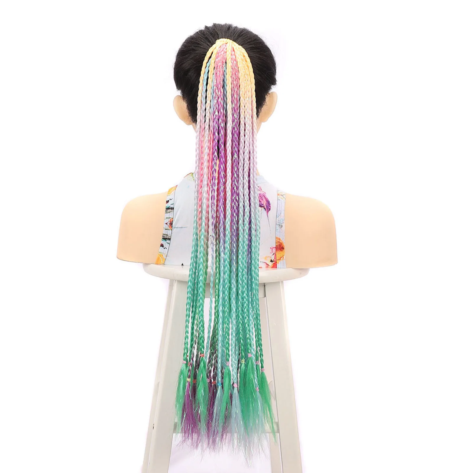 Synthetic Colored Braids Hair Extensions with Rubber Bands Rainbow Ponytails Braided Colorful Hair for Girls Kids Crazy Hair Day view 6