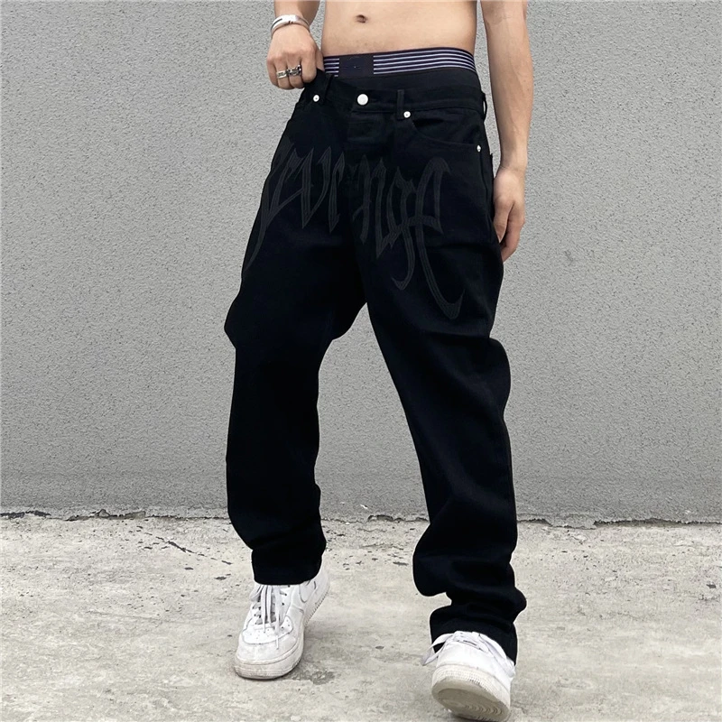 New 2024 Black Baggy Jeans Men's Streetwear American Retro Embroidery Letter Pants Straight Hip-hop Y2K Loose Denim Trousers