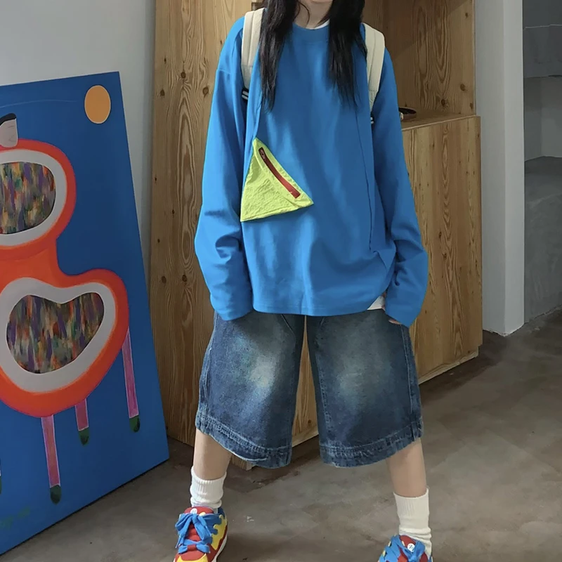 Y2K Vintage Baggy Jean Shorts Womens Washed Wide Leg Capri Pants Casual Barrel Denim Shorts