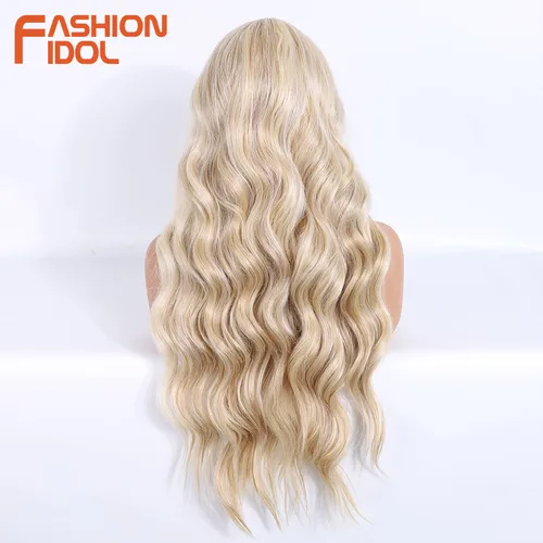 Imagen 2 del producto FASHION IDOL-pelucas de encaje ondulado profundo para mujer, pelo sintético con pelo de bebé, cuerpo rubio degradado, ondulado, resaltado, Cosplay, 28 pulgadas