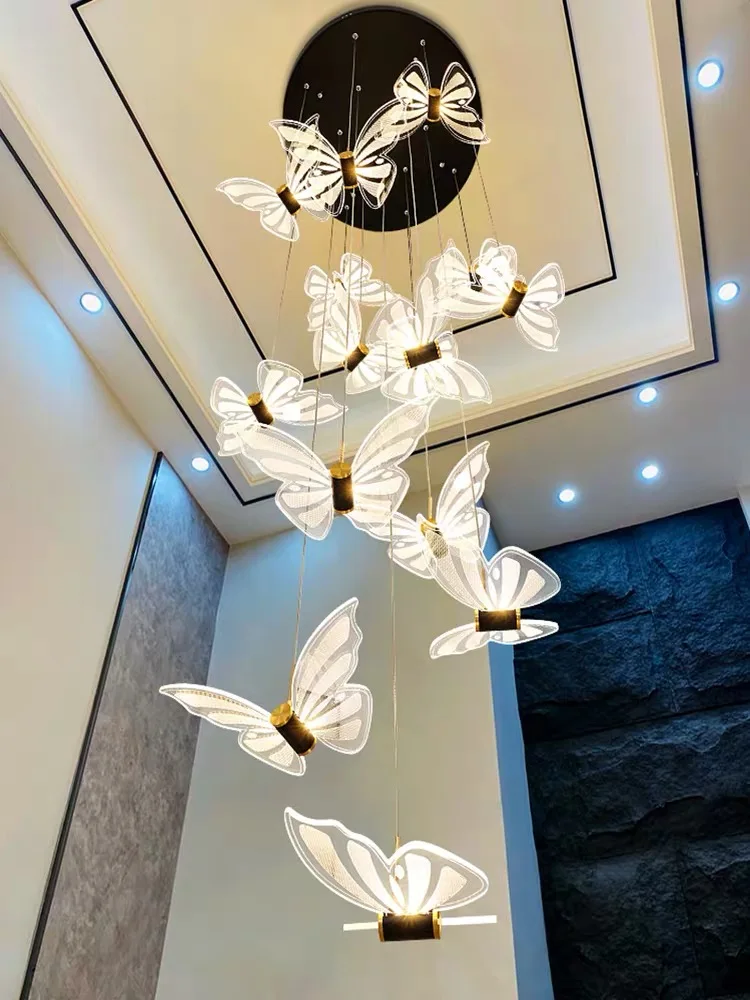 

Internet celebrity creative art butterfly high loft hollow staircase light duplex long pendant light luxury villa living room li