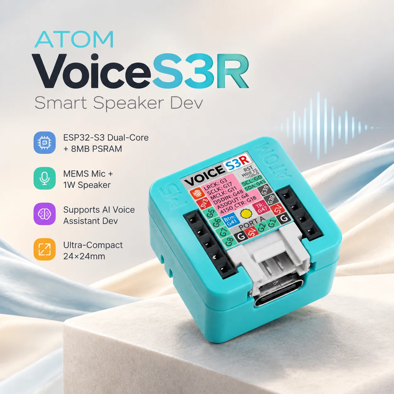 M5Stack Atom EchoS3R ESP32-S3 Voice Dev Board 8MB Flash PSRAM MEMS Mic Speaker IR WiFi AI Smart Home Arduino