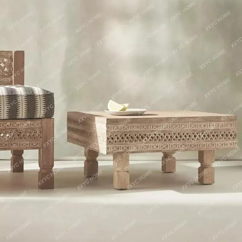 

Handmade solid wood carving flower coffee table tea table retro old low table Moroccan wood carving casual