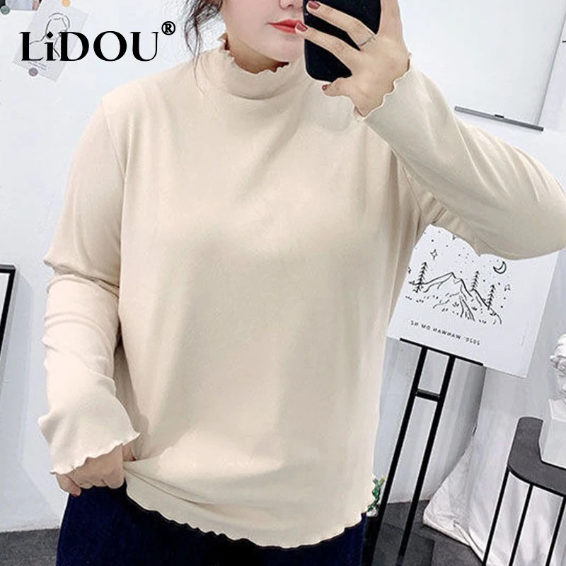 2023 New Sports Chic Fashion Undershirt Harajuku Half Turtleneck Plus Size T-shirts Lace Solid Color Long Sleeved Top Woman