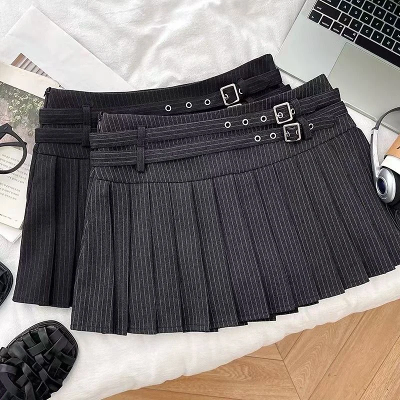 Preppy Striped Mini Skirt Women Korean Vintage Belt Sweet Student Pleats Skirts High Waist Kawaii Harajuku Simple Casual Skirt