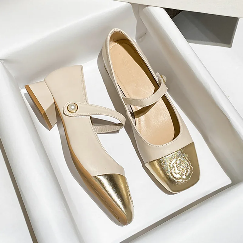 

Big Size New Shoes for Women Genuine Leather Pumps OL Embroidery Flowers Casual High Heels Shoes Daily Mary Jane Dress Shoes