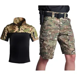 Cargo Shorts Men Camouflage Suits Summer Tactical Shirt Casual Men Short Pants+Shirts Army Clothing Camo Men Hiking Cargo Shorts