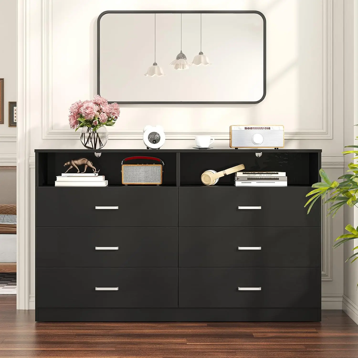6 Drawers Dresser for Bedroom with Open Storage Cubby, Double Wide Dresser Organizer for Bedroom, Living Room, Entryway, Hallway