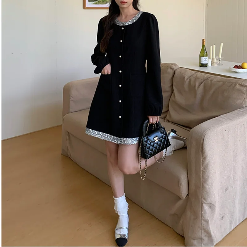 Spring New French Elegant Black Women Dress Round Neck Stitching Sequins Fashion Slim Simple Korea Chic Small Fragrance Dress