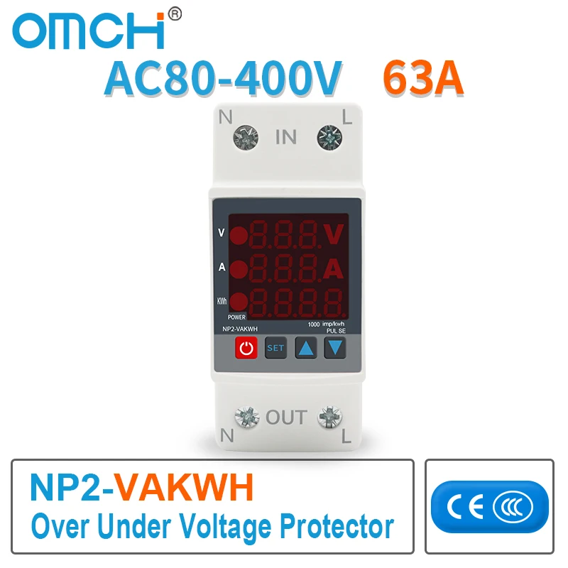 

OMCH Din-рейка 230 В 63 А Регулируемое реле защиты от пониженного напряжения Предел перегрузки по току Ваттметр Счетчик энергии кВтч
