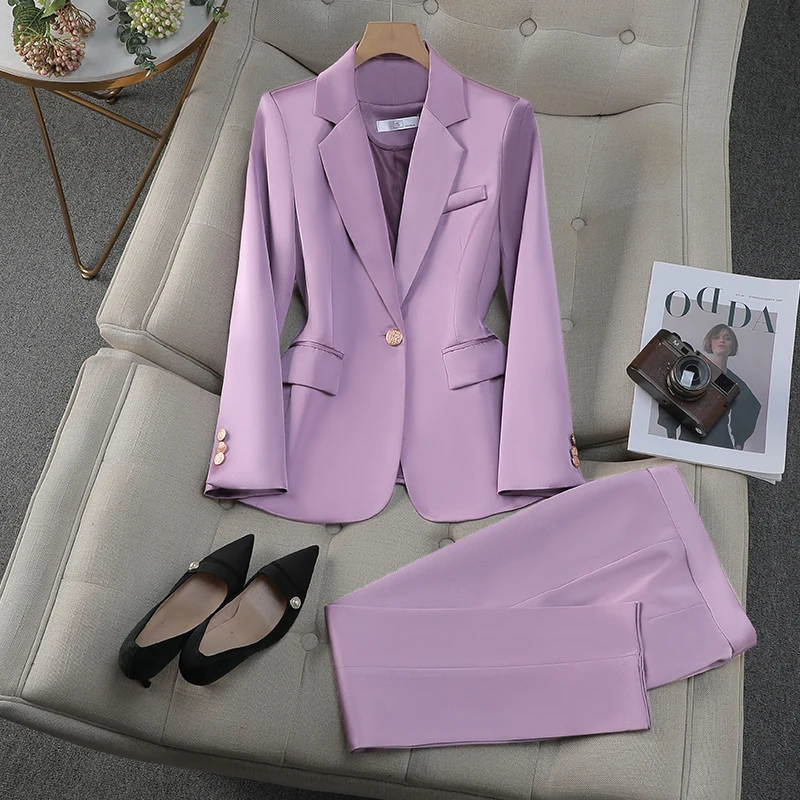 Mode Kantoor Dames Broekpak Vrouwen Zwart Rood Paars Abrikoos Vrouwelijke Werkkleding Jas Blazer en Broek Formele 2-delige set