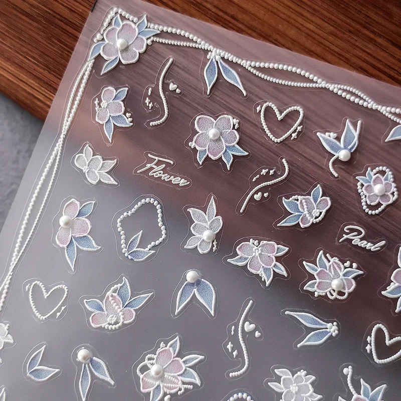 Blue White Frame Pink Butterfly Peach Blossom Flower Pearl 3D Self Adhesive Nail Art Sticker Semi-transparent 5D Manicure Decals