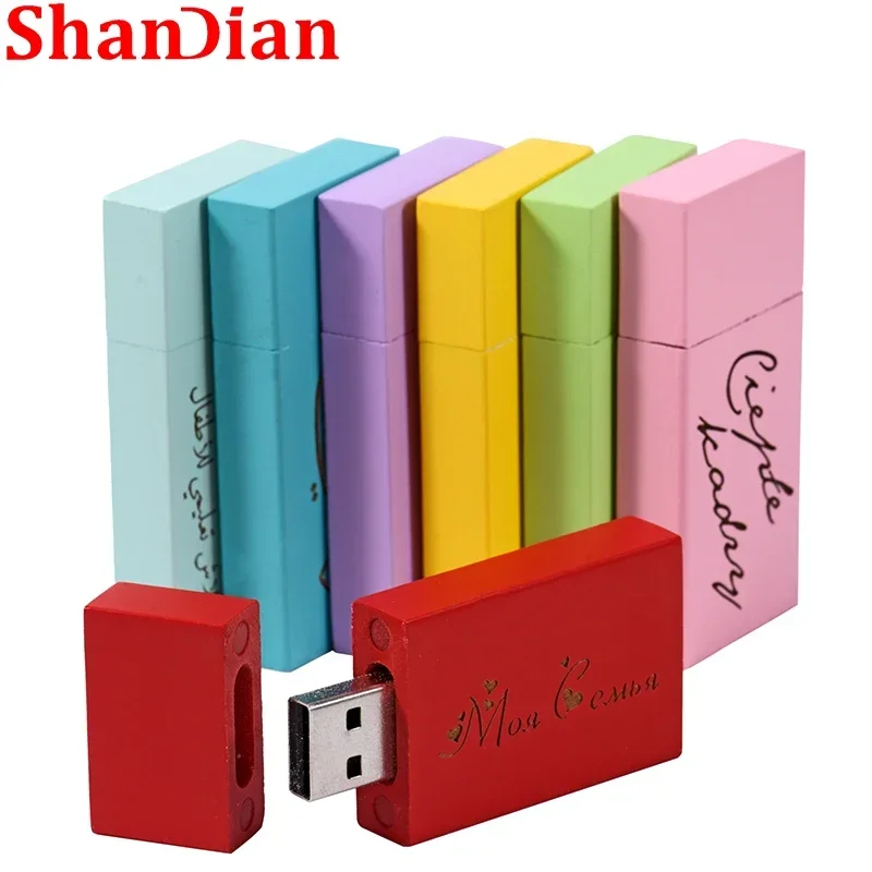 Shandian ไดรฟ์ปากกาไม้สีเหลือง128GB USB แฟลชไดร์ฟ64GB โลโก้ที่กำหนดเองฟรี2.0 U Disk 32GB 16GB 8GB หน่วยความจำของขวัญแต่งงาน