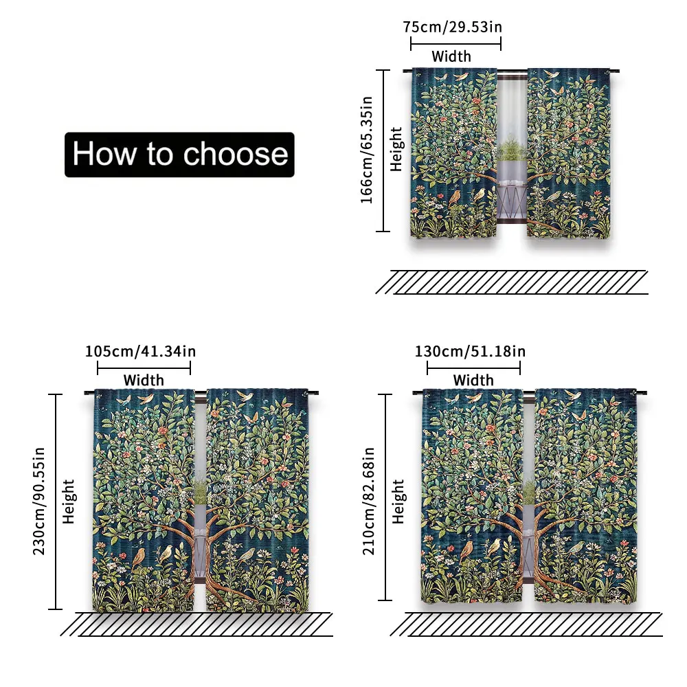 2Pcs Boho William Morris Curtain Vintage Tree Of Life Art Style Tree With Flowers Curtain Suitable For Bedroom Living Room