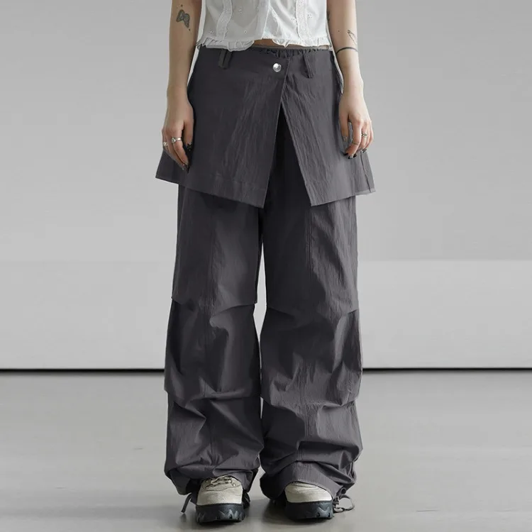 American Retro Street Fake Two Piece Cargo Pants Y2k Elastic Waist Ruched Trousers 2024 Summer New Loose Wide Leg 