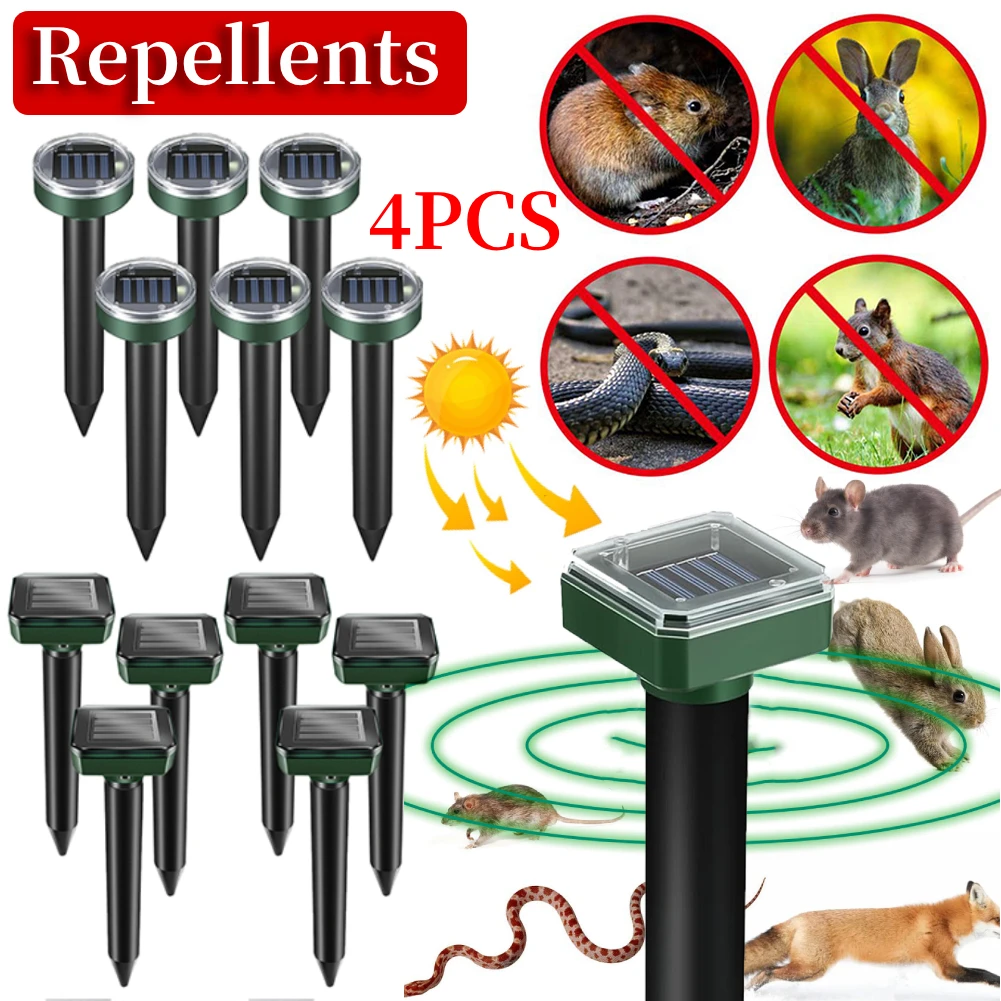 4Pcs Solar Mouse Groundhog Repellent Stakes Outdoor Ultrasonic Gopher Repeller Vole Deterrent Waterproof Sonic Repellent Spike