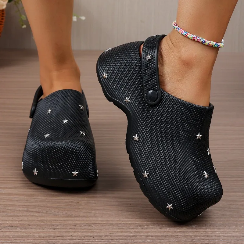 Summer Women Star Rivet Platform Mules Closed Toe Non Slip Lightweight Comfortable Casual Clogs for Nurse Beach Outdoor Garden