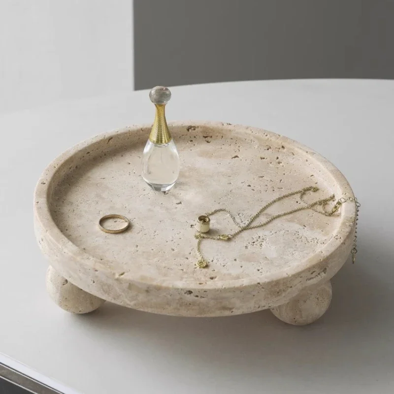 Vintage Marble Tray with 3 Legs Versatile Stone Plate for Bathroom Perfume Jewelry Dish Dining Fruit Bowl Retro Home Decoration