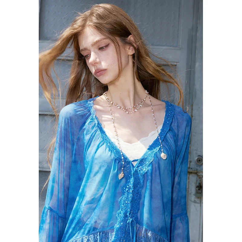 ELFSACK Women's Tie Dye Chiffon Blouse Long Sleeve Flared Cuff Lace Ruffle Hem Drawstring Neck