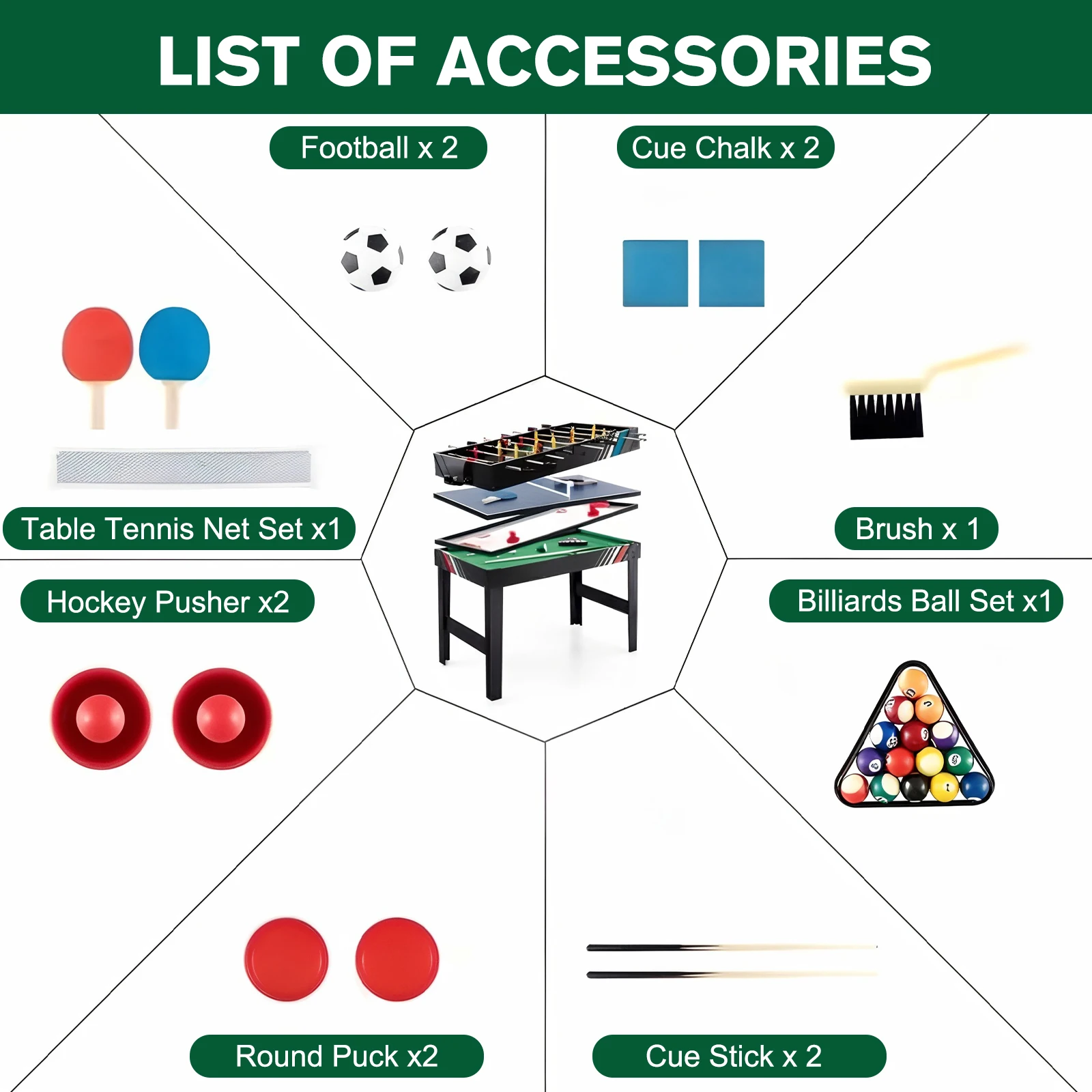 

4-In-1 Combo Game Table Set with Football Billiards Ice Hockey Table Tennis All in One Game Table for Friends and Family Playing