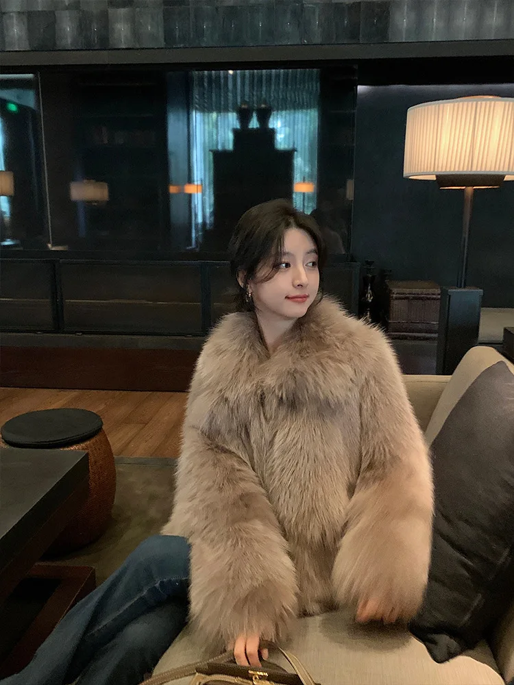 Women Faux Fox Fur Coats Solid Short Jackets Long Sleeves Turn Down Collar Open Stitch Loose Elegant Casual 2026 Autumn Winter