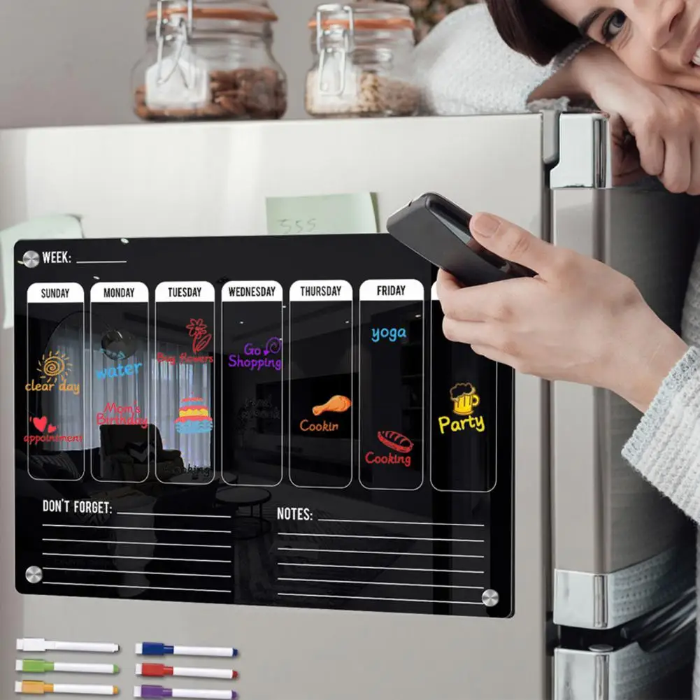 Planificador de horario para niños, calendario semanal negro, pizarra blanca con nevera magnética, tablero acrílico, texto negro, 6 marcadores fáciles