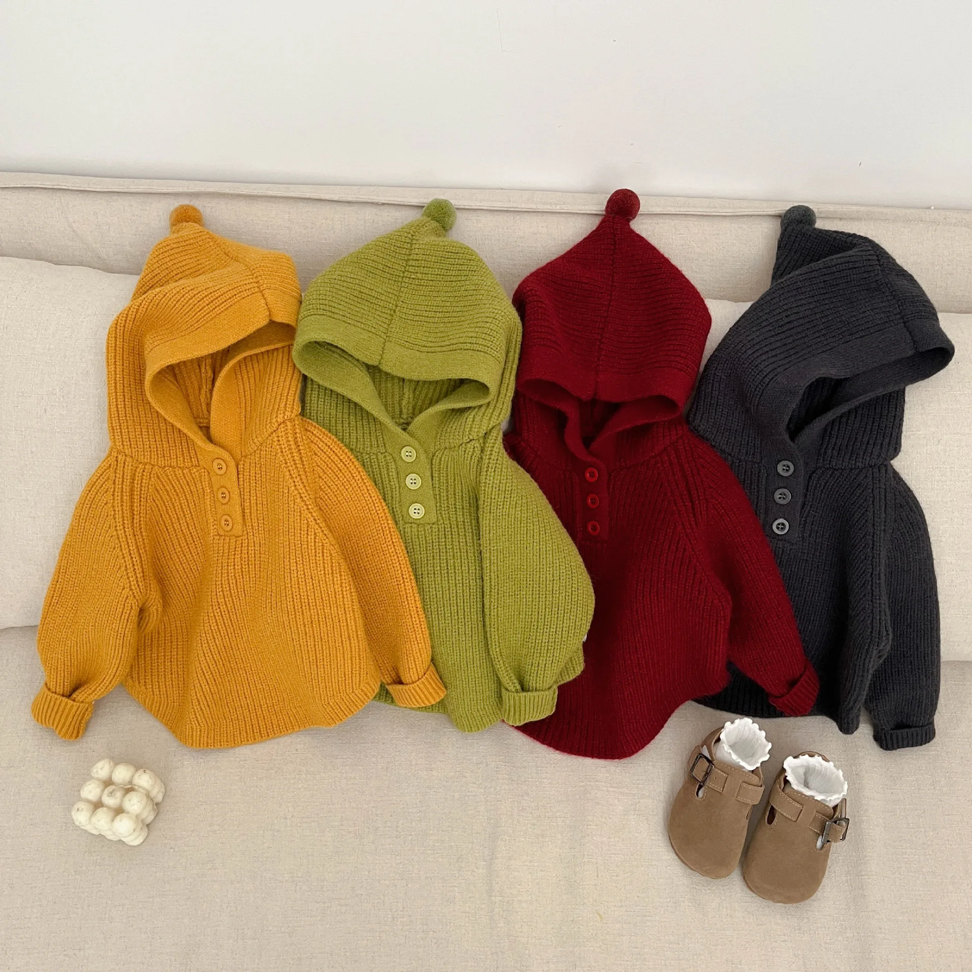 2025 Autumn New Baby Solid Hooded Sweater Infant Girl Casual Knit Hoodie Kids Boys Long Sleeve Casual Sweater Children Clothes