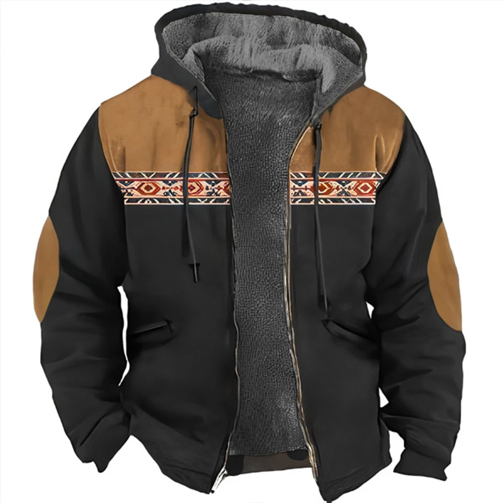 Men\'s Winter Fleece Jacket Traditional Tribal Print Parka Coats Warm Padding Jackets Outerwear Daily Heavy Hoodie Overcoat 2024