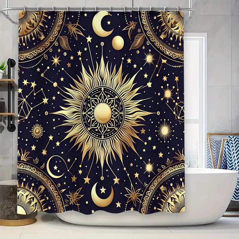 

Роскошная занавеска для душа «Солнце и Луна» с золотыми звездами, черный фон, декоративная водонепроницаемая ткань для ванной комнаты для дома