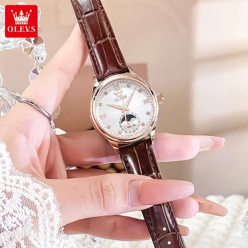 OLEVS 7039 Luxury Elegant Woman Mechanical Wristwatch Moon Phase Waterproof Watch Women Luminous Date Dress Watches