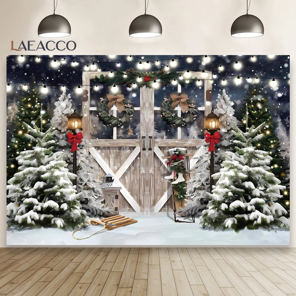 Merry Christmas Xmas Tree Photography Background Winter Falling Snow Wooden Door Decor Kids Portrait Indoor Photocall Backdrop