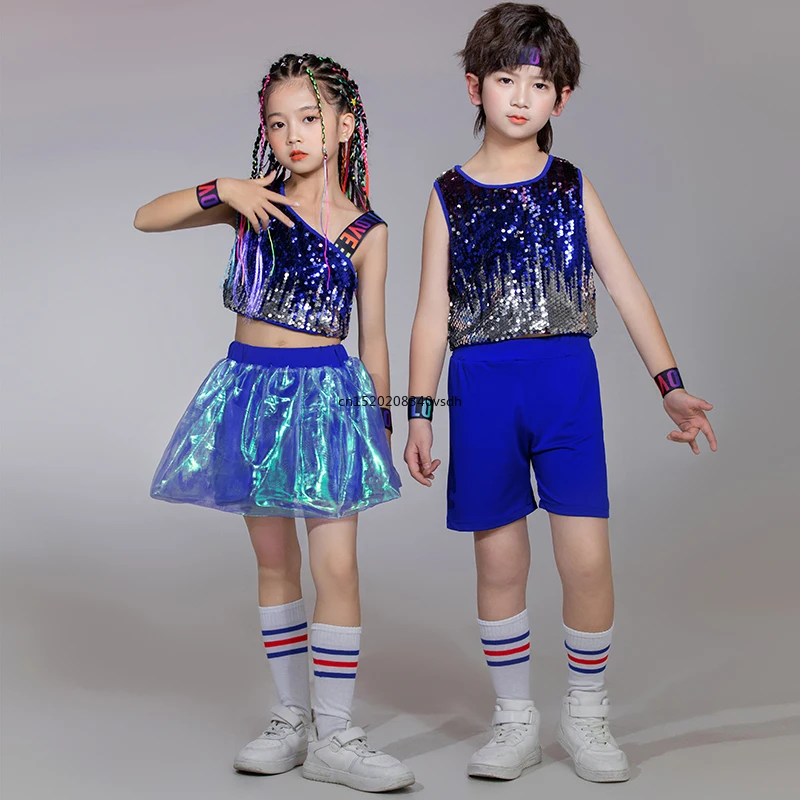 Bambini ragazzi e ragazze cheerleading costume scuola sport giorno street dance costume Cool paillettes jazz dance performance costume