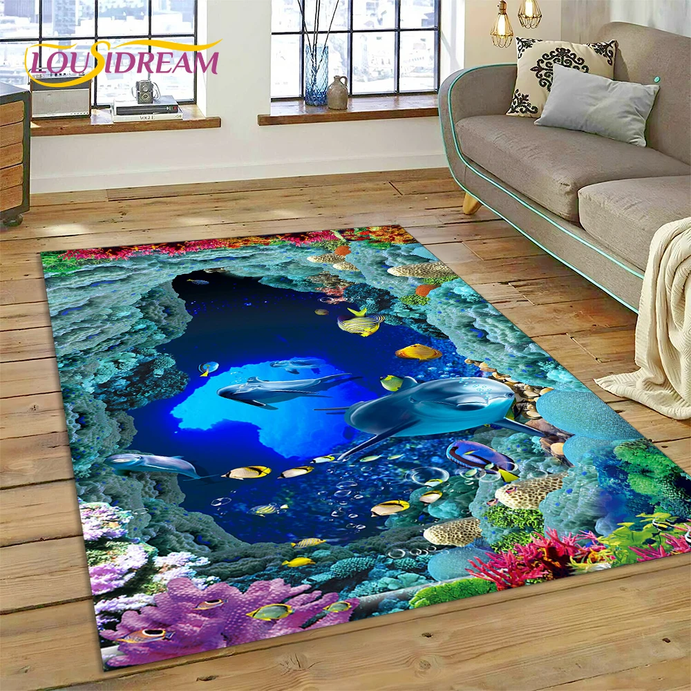 3D Illusion Underwater World Seabed Shark Dolphin Cartoon Carpet Rug for Bedroom Living Room Sofa Decoration,Kid Decor Floor Mat