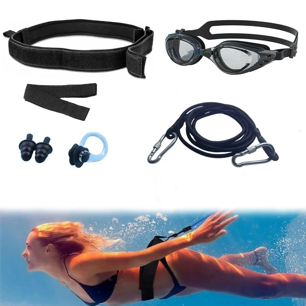 

Stretch Cords Swimming Training Resistance Bands Set with Goggles Belt Earplugs Strength & Endurance Elastic Latex Rope for Swim