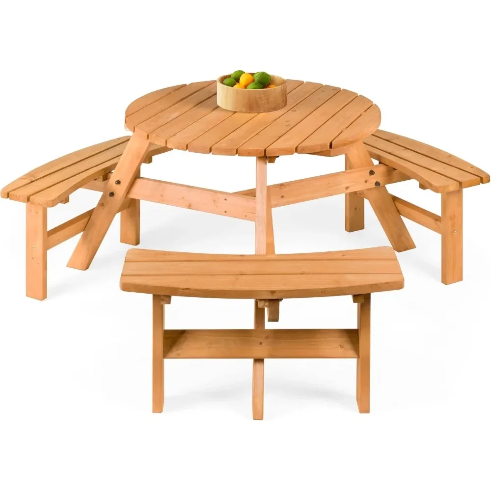 

6-Person Circular Outdoor Wooden Picnic Table for Patio, Backyard & Garden – 3 Built-In Benches, 500lb Capacity, Natural Finish