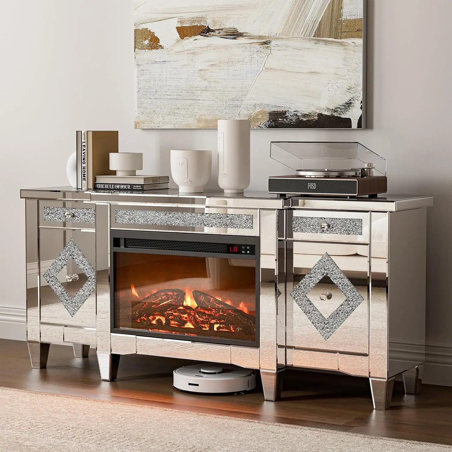 Silver Mirrored TV Stand 65+ TV Console With Drawers & Cabinets Modern Media Center Crushed Diamond Living Room, Customized