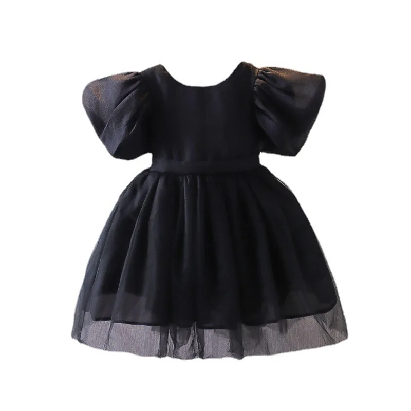 Summer New Baby Dress Girls Big Bow Mesh Splicing Brocade Backless Dress  Girls Sweet Princess Bubble Sleeve Tutu Dress