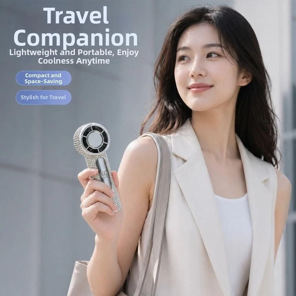 Digital Display Rhinestone Handheld Fan Long-Lasting 100 Gears Mini Cooling Fan USB Rechargeable Quiet Operation