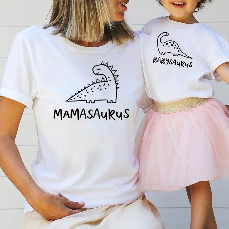 Funny Cute Dinosaur Shirt Mommy and Daughter Matching Clothes MAMASAukus and BABYSAukus Graphic Dinosaur Short Sleeve Matching T