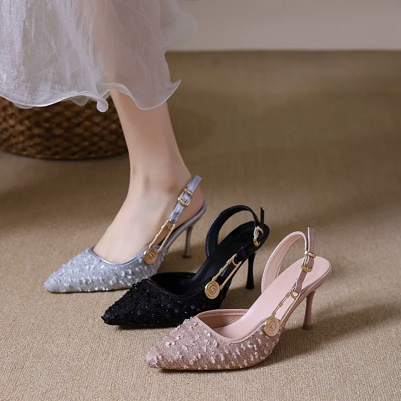 Stiletto Heels Women's Sandals Sequins Cloth 2026 Pointed-toe Summer New Straight Buckle Banquet High Heels Women Single Shoes
