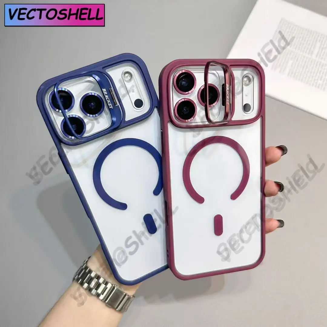 Luksusowe, magnetyczne, odporne na wstrząsy etui na telefon iPhone 15 14 13 12 11 16 17 Pro Max Plus 16E Funda Stand z ochroną szklanego obiektywu