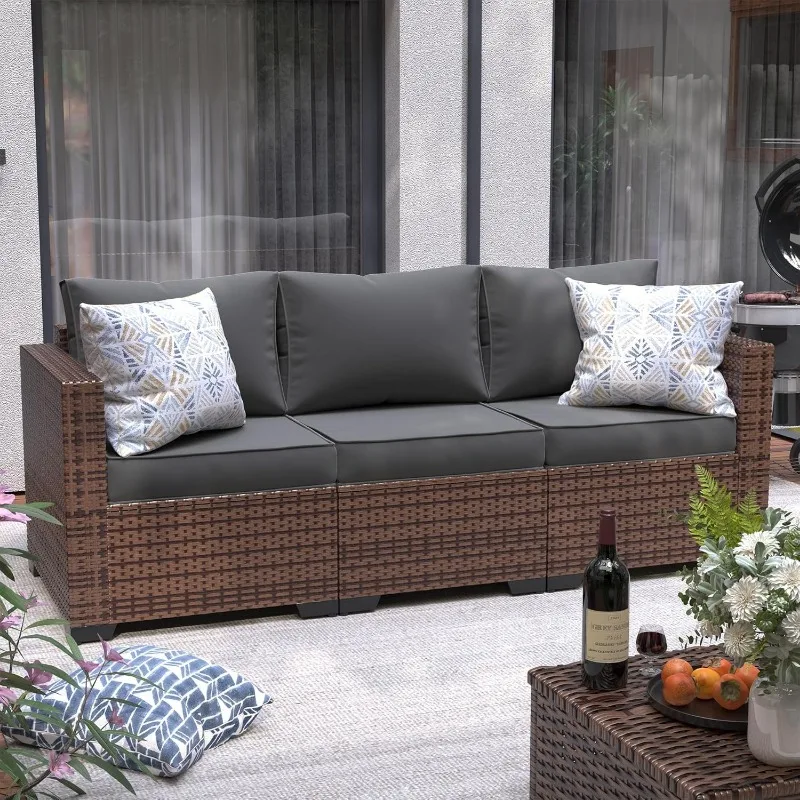 3-Seat Patio Wicker Sofa, Outdoor Rattan Sectional Couch Furniture Steel Frame W/Furniture Cover Non-Slip Cushion Deep Seating